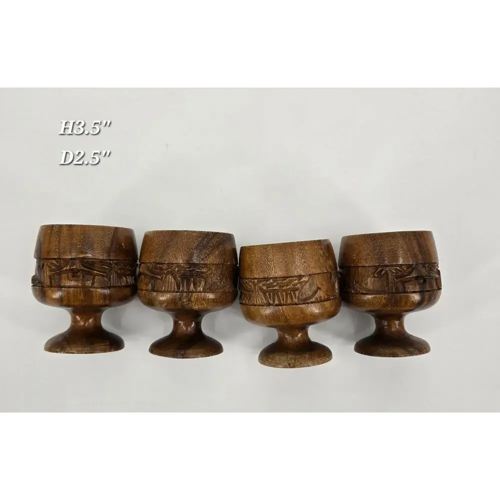 Vintage‎ Hand-Carved Wooden Tiki Bar Aloha Goblets – Set of 4